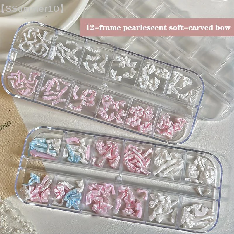 

【SSummer10】12 Grids Soft Pearl Satin Bow Nail Charm - Pink White Mixed Silk Ribbon Carving Decoration Accessory【SS】