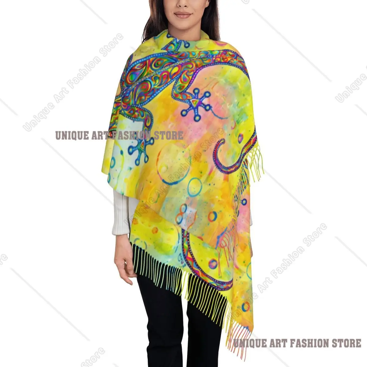 Custom Gecko Psychedelic Paisley Lizard Scarf Wrap for Women Long Winter Warm Tassel Shawl Unisex Scarves