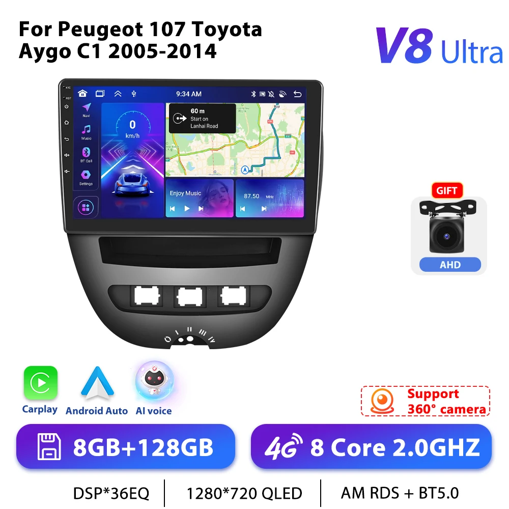 Podofo 10.1 "Autoradio Draadloze CarPlay Android Radio For PEUGEOT 107/Citroen C1 2005-2014 Multimedia GPS 4G WIFI BT Autoradio