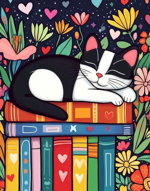 DIY Sleeping Tuxedo Cat On Colorful Books Jigsaw Puzzle, Floral Heart Starry Background Cute Cartoon Pet For Home Wall Decor