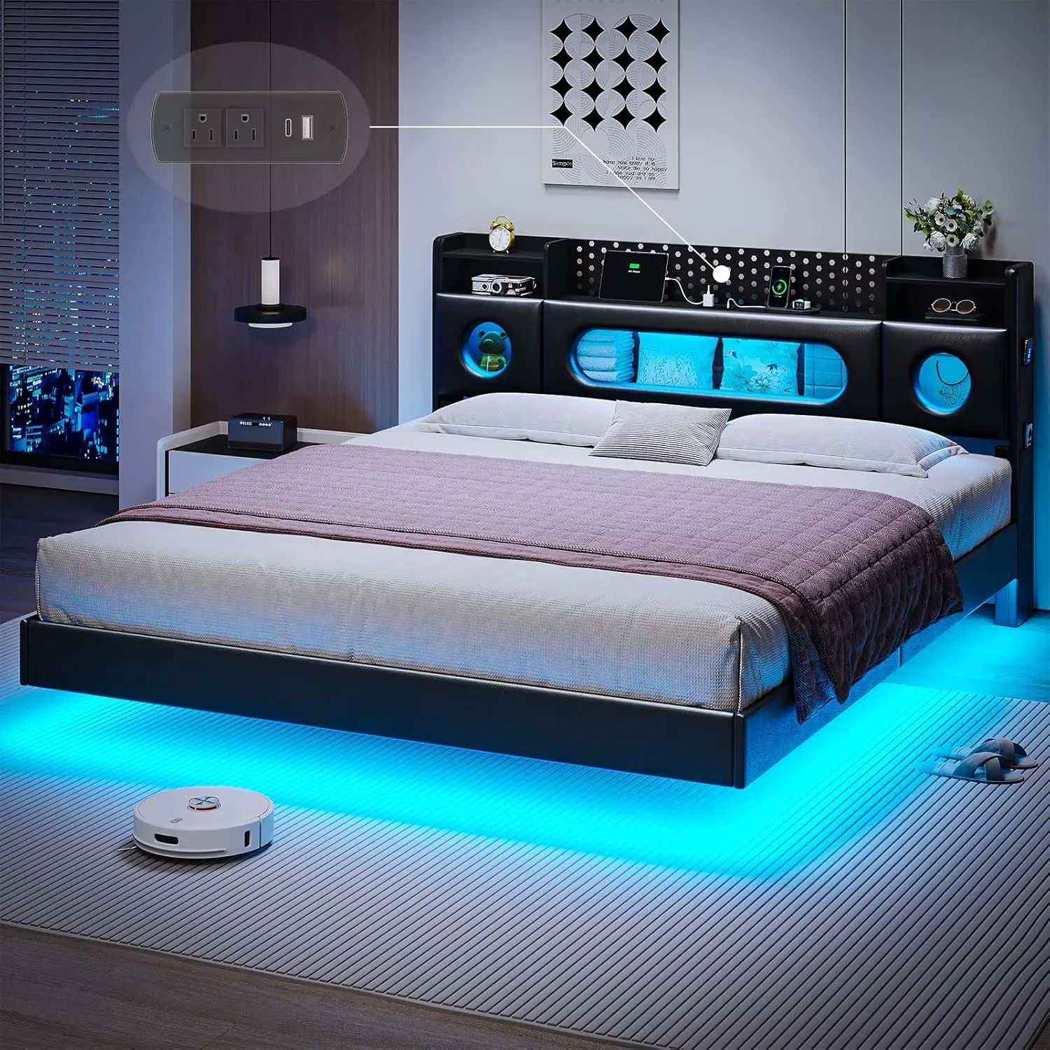 Marcos de cama King de California, marco de cama flotante, tamaño King con cabecero de almacenamiento y luces Led, Cal marco de cama King de plataforma, No