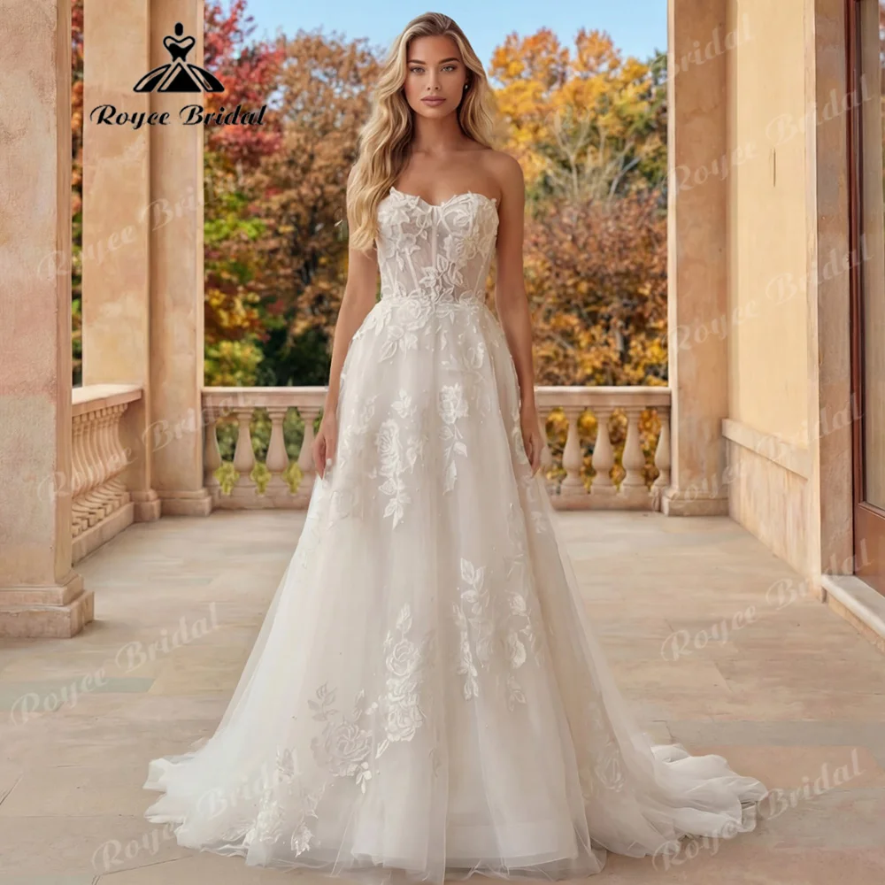 2027 Strapless Sweetheart Wedding Dress 3D Rose Lace Applique Tulle Zipper Back Chapel Train Abiti Da Sposa Customized