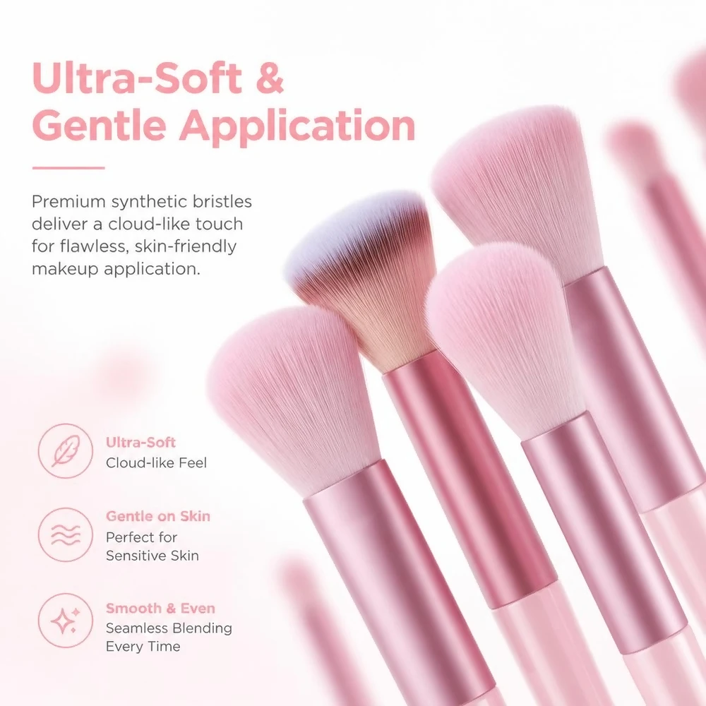 Complete Cosmetics Kit Including 26 Soft Pink Brushes 4 Triangular Sponges 1 Circle Puff and Convenient Travel Pouch