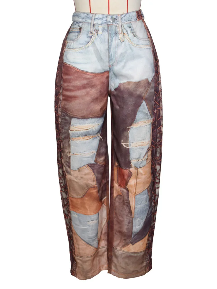 LGRQ 2025 Spring New Fashion Dirty Cowboy Iron Chain Leather Printed Wide Leg Curved Knife Tie Dye Pants Female Clothes 19ZZ1690