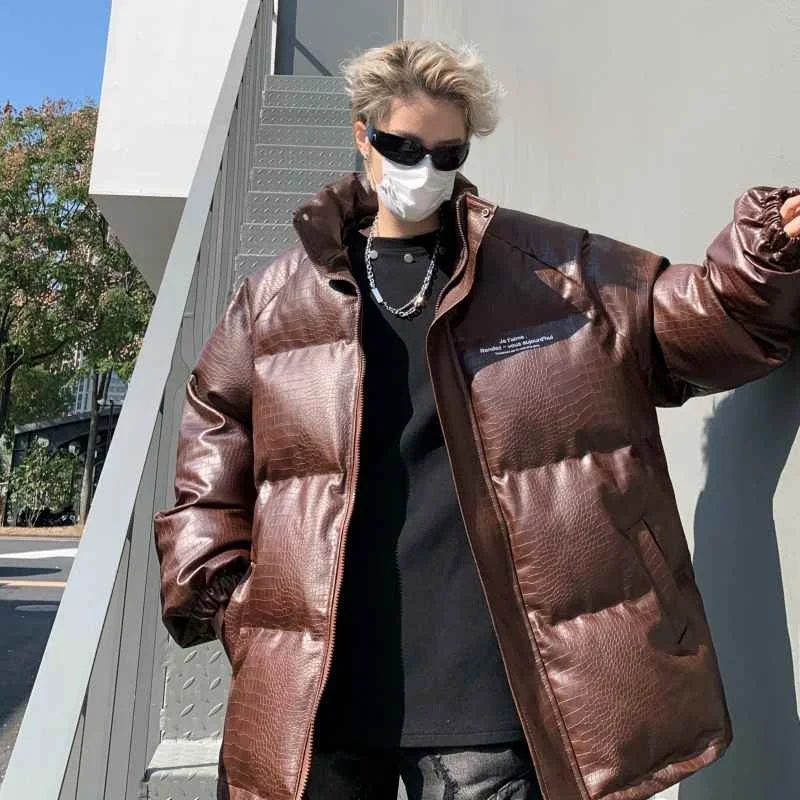 

Men's Thiened PU Leather Cotton Jaet Crocodile Pattern Winter Warm Casual Sle High Street Bread Coat Youth Faion
