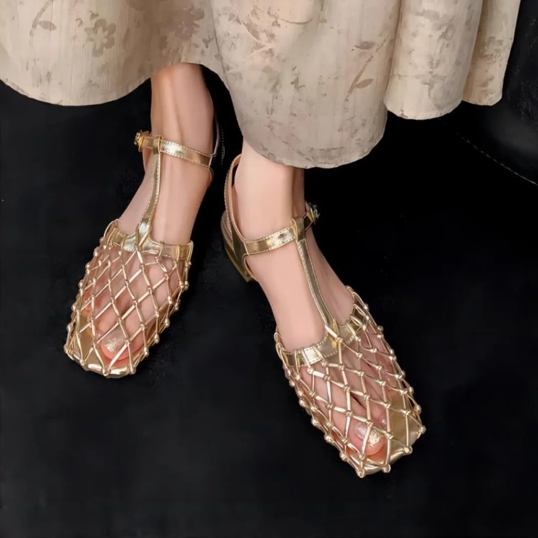 Nuevas Sandalias Francesas Vintage 2026 de Malla Hueca para Mujer, Elegantes Doradas y Plateadas, con Punta Cerrada, Sin Talón, Estilo Slip-On, Calzado de Diseño para Verano