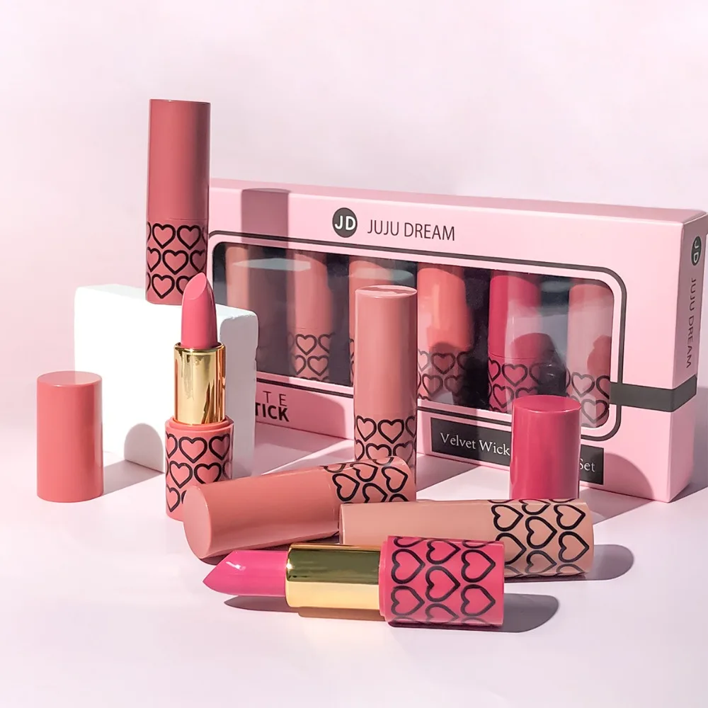 6가지 색상 누드 매트 립스틱 세트 벨벳 마감 방수 오래 지속되는 보습 립글로스 여성용 선물