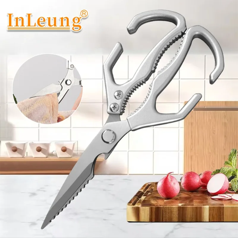 Tijeras de cocina multifuncionales de acero inoxidable: tijeras afiladas para huesos de pollo, abridor de botellas, herramienta raspadora de escamas de pescado