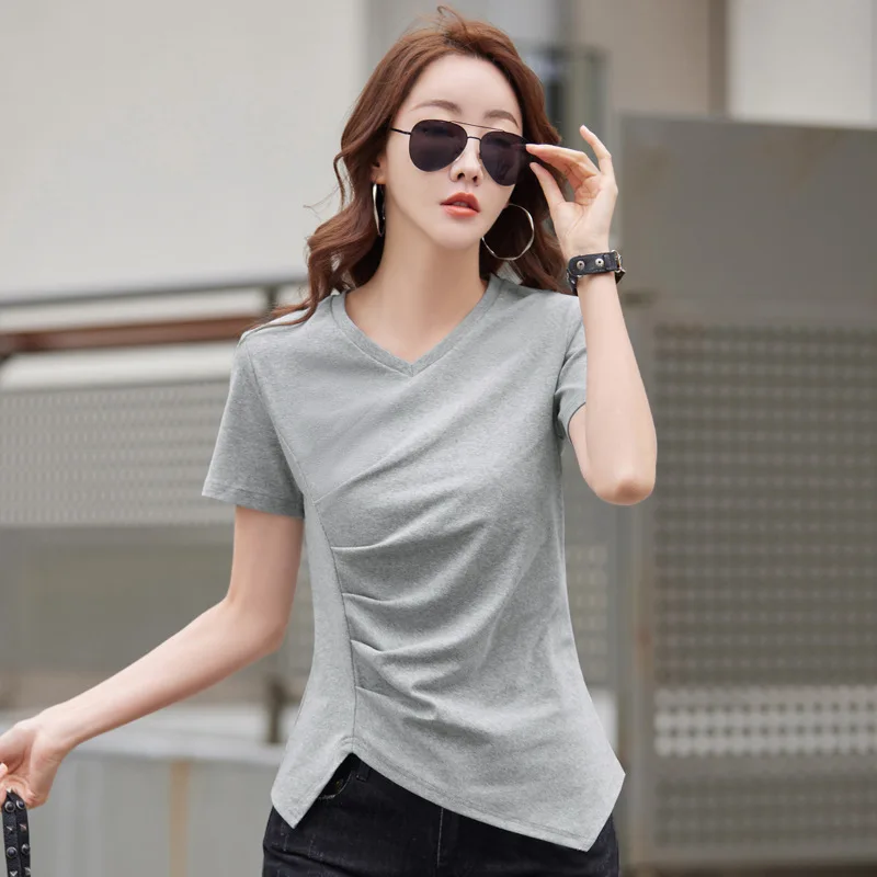 Nieregularne fałdy T-Shirt damski bawełniany krótki rękaw koreański modne ciuchy Tee Shirt Femme lato V dekolt