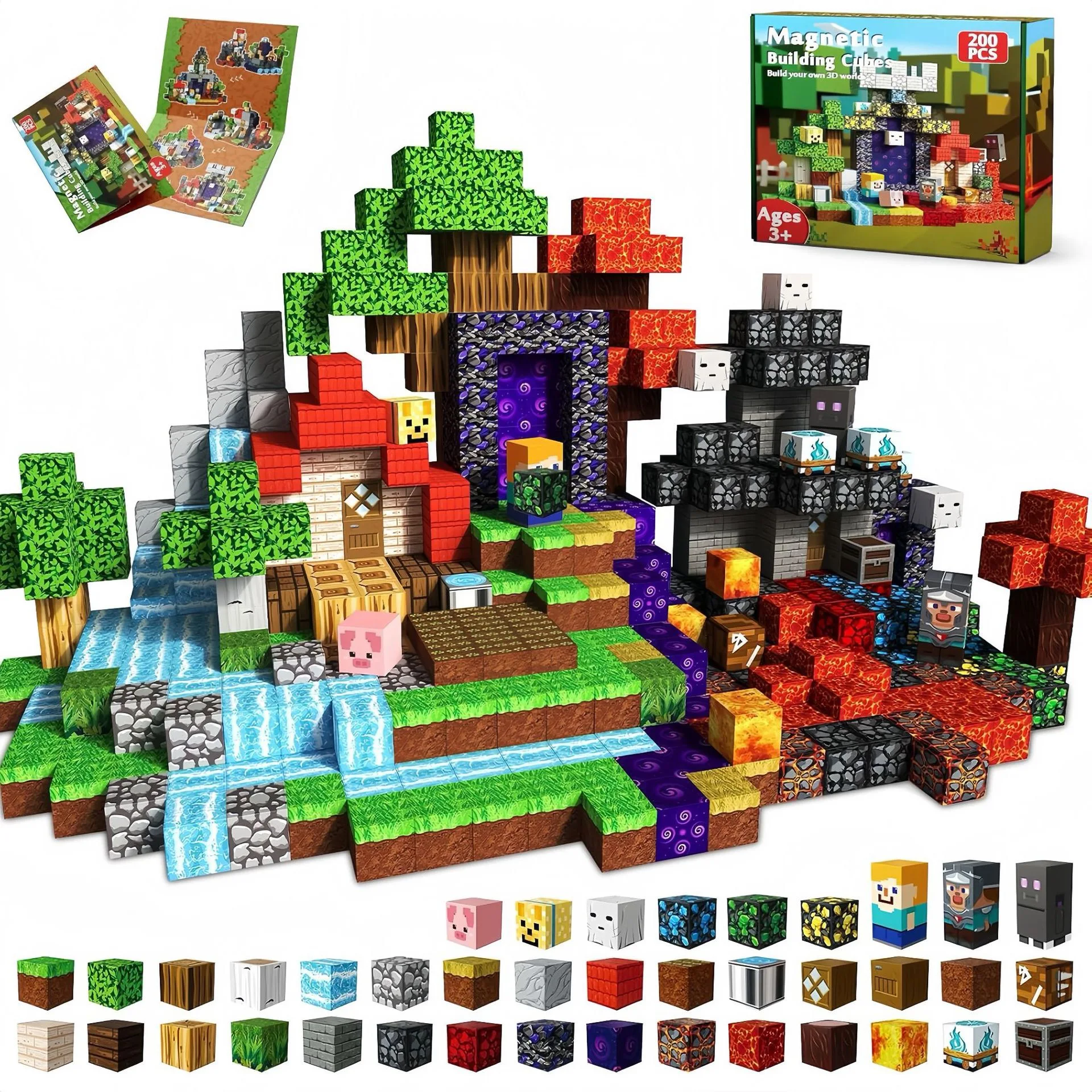 

200PCS building block set suitable for boys and girls aged 3 and above, DIY dark castle, lava cave, jungle world STEM sensory cu