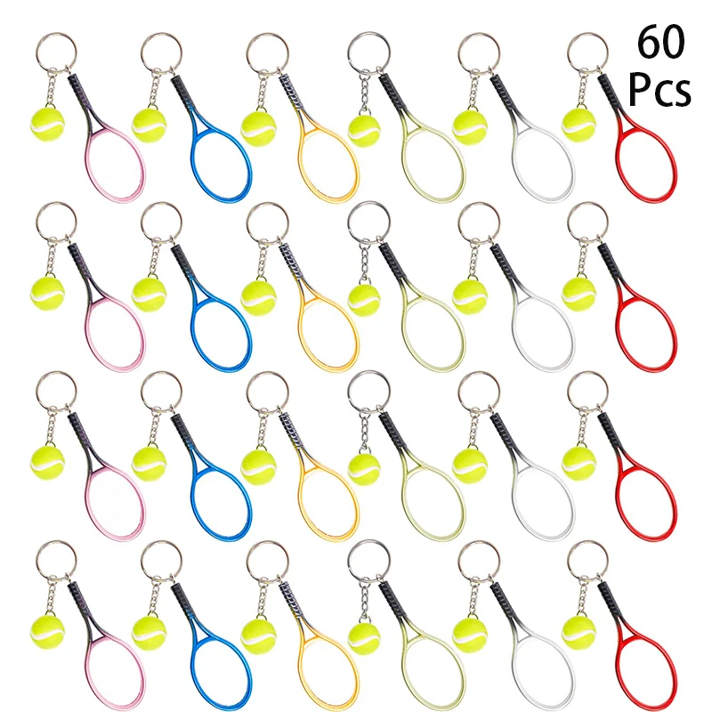 

60Pcs Mini Tennis Racket Keychain Key Ring, Fashionable Alloy Tennis Ball Split Ring Keychain for Sport Lovers Team