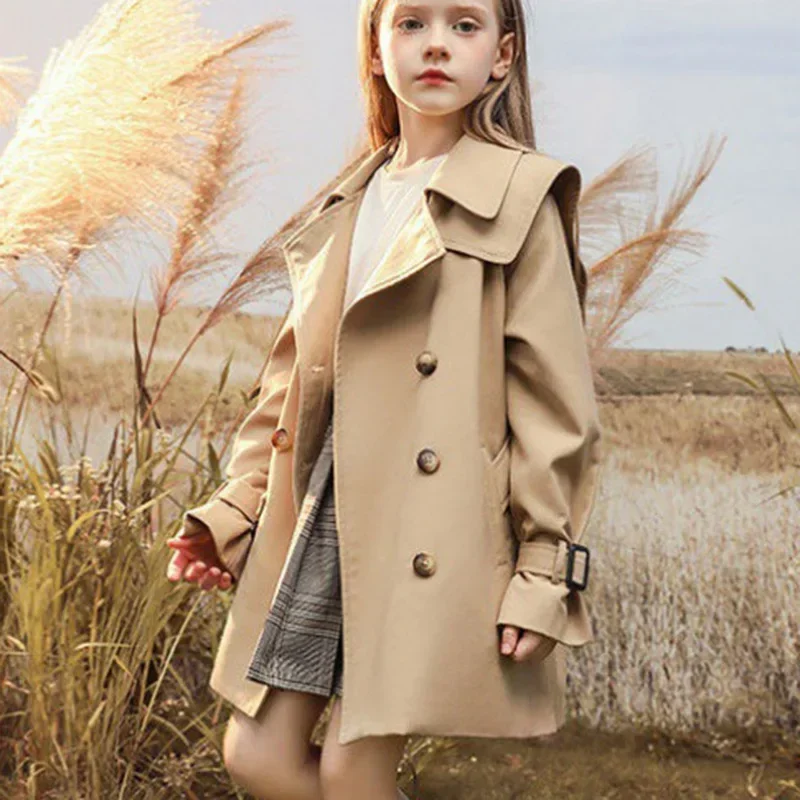 New Autumn Girls Windbreaker Trench Coat Windproof Children Kid's Mid-Length Jacket Coat Baby Teenagers Overcoat 3-14 Years