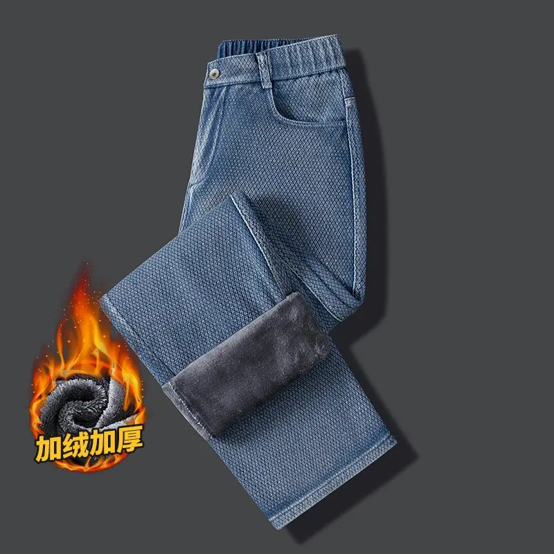 2024 outono e inverno nova moda cashmere grosso quente perna reta jeans masculino casual solto esportes calças de alta qualidade M-4XL