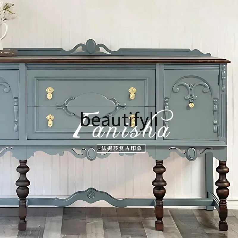 

A139 French retro solid wood porch cabinet American wall living room decorative locker carved dining side cabinet
