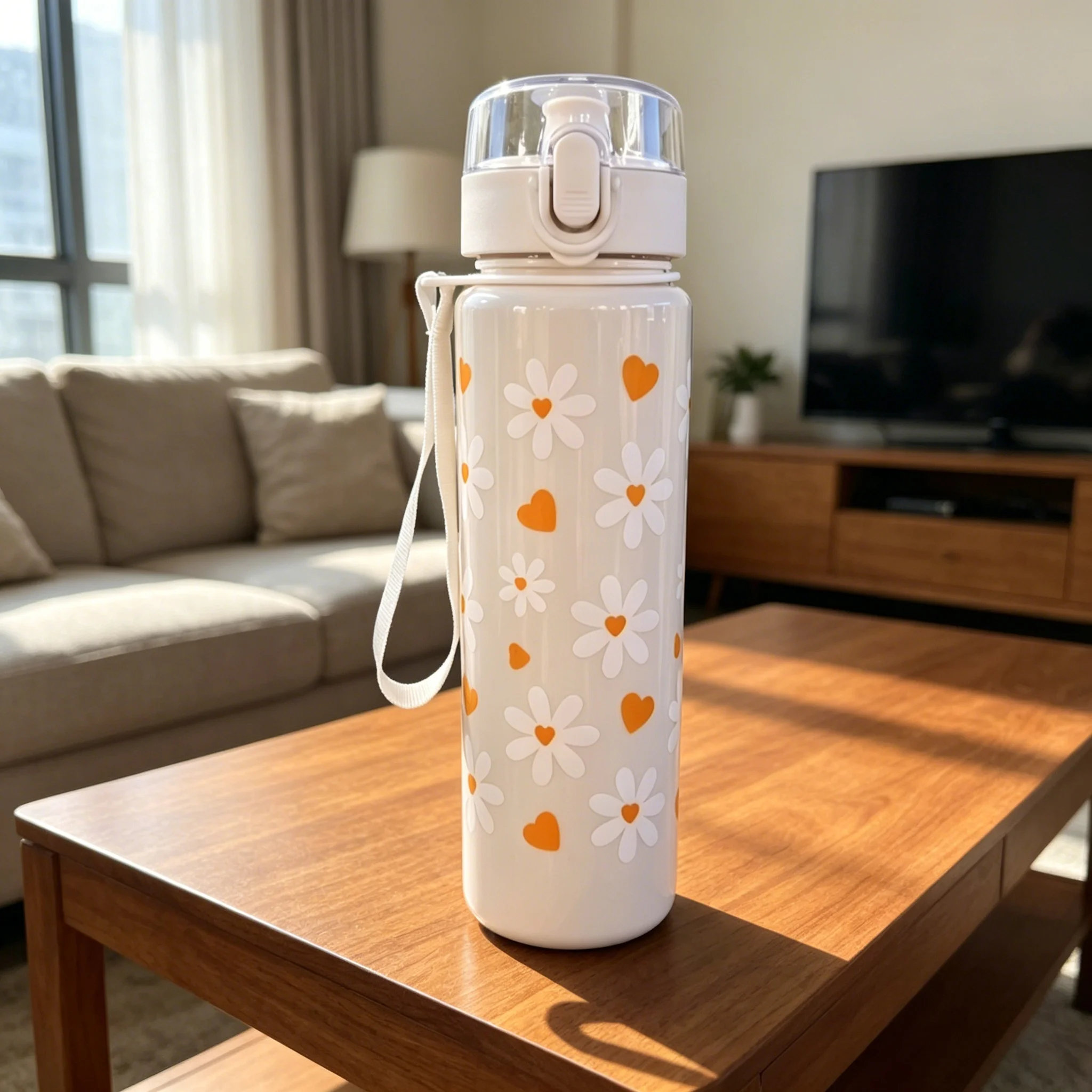 560ML White Water Bottle Allover Printed Flower Heart Bowknot Pattern, Premium Leakproof Reusable Stylish Cup for Sports, Work
