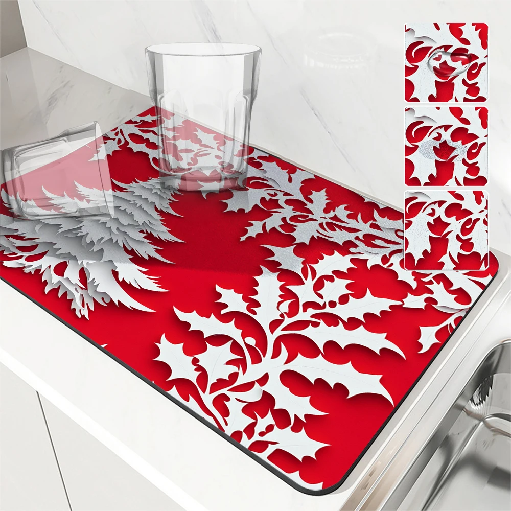 Absorbent Mat Christmas Holly Berry Kitchen Antiskid Drying Mat Quick Dry Bathroom Drain Pad Tableware Mat