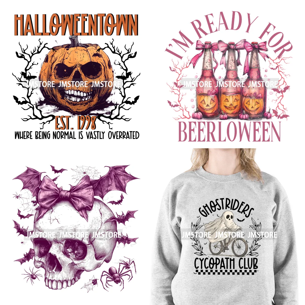 

Halloween Dancing Skeleton Neon Boo Ghost Coquette Bow Spooky Vibes DTF Iron On Transfers Stickers Ready To Press For Clothing