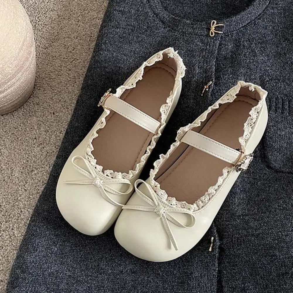 Elegant PU Leather JK Flat Shoes Bow Sweet Slip On Loafers Soft Sole Lace Ruffled Casual Ballet Flats Women