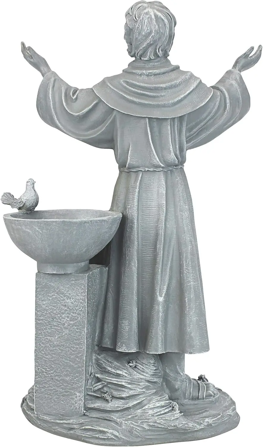 Statua Świętego Franciszka z fontanną dla ptaków, 48 cm wysokości, wykonana z żywicy kamiennej, szara powłoka, do dekoracji zewnętrznych.