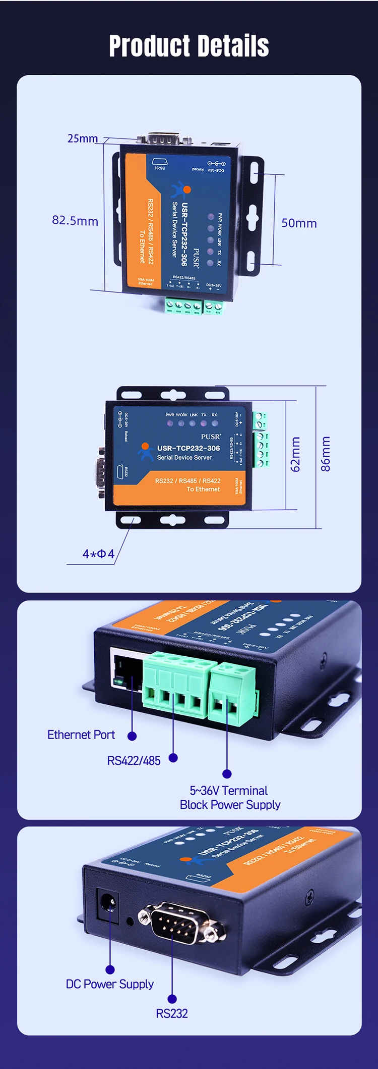 USR-TCP232-306 Convertitore da seriale a Ethernet RS485 RS232 RS422 Convertitore da Modbus a Ethernet Gateway Modbus