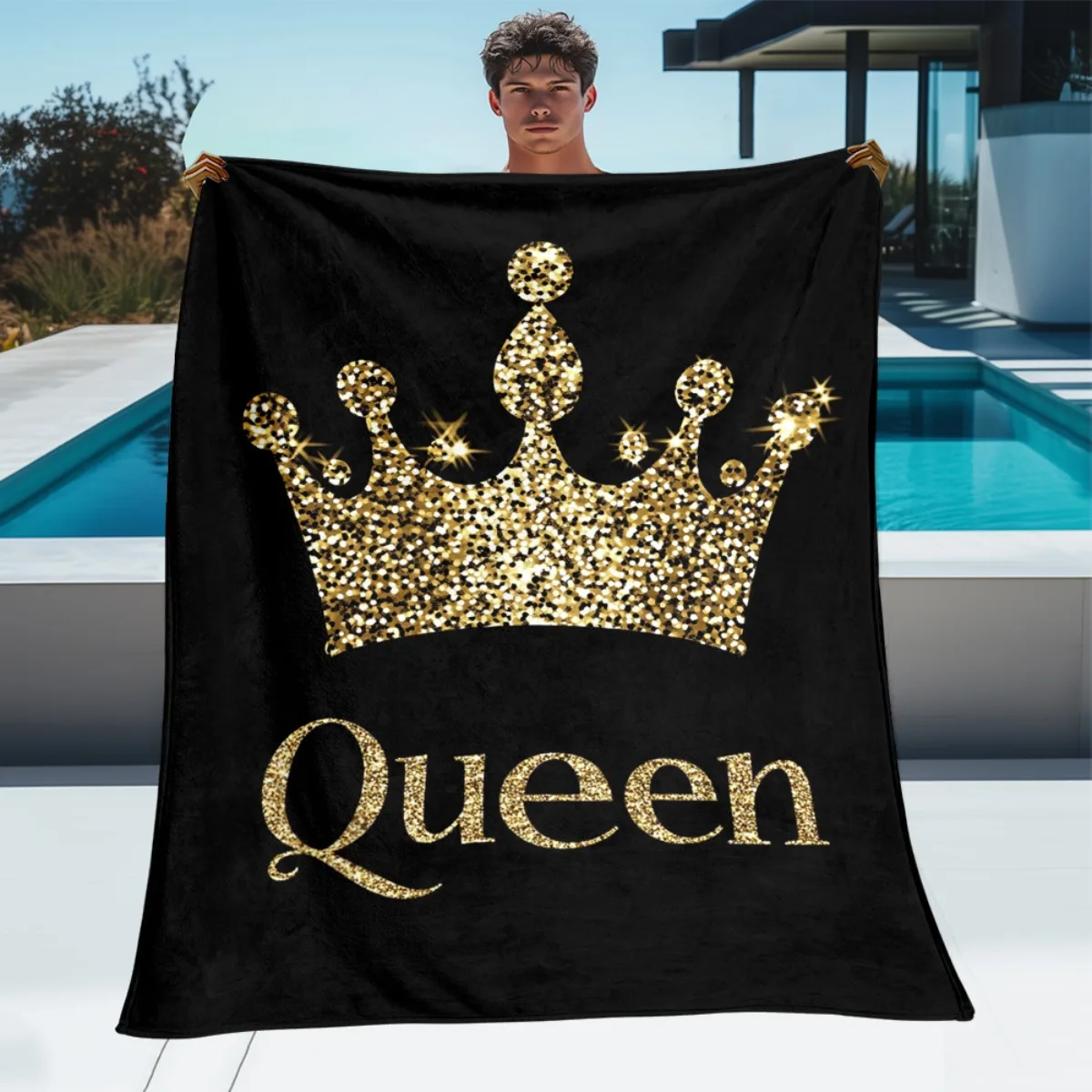 Queen Crown Flannel Blanket – Black & Gold Glitter Throw for Sofa, Bed, Travel & Regal Home Decor