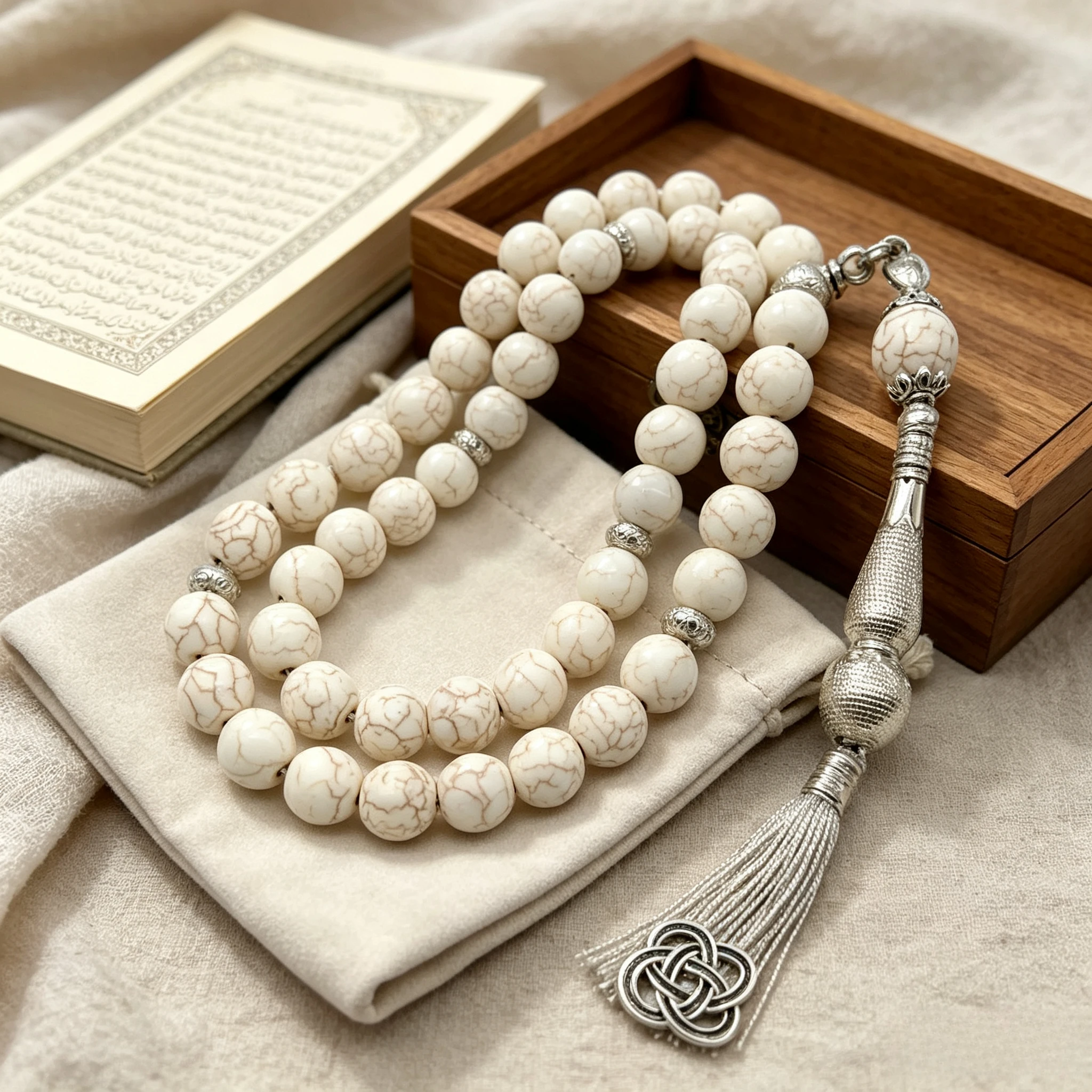 Natural White Turquoise 33 Beads Islamic Prayer Tasbih Misbaha 10mm Stone Muslim Zikr Rosary with Tassel