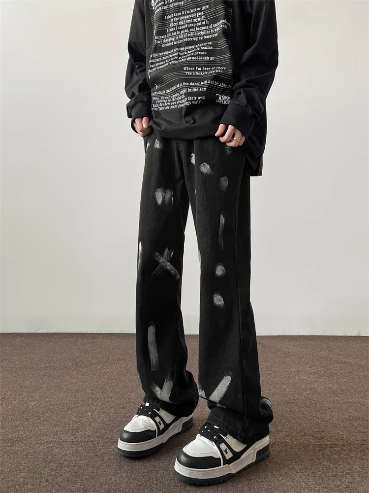 American Street Hiphop Loose Straight Leg Jeans Men's Trendy Tie Dye Splatter Denim Pants Spring Season Casual Long Trousers