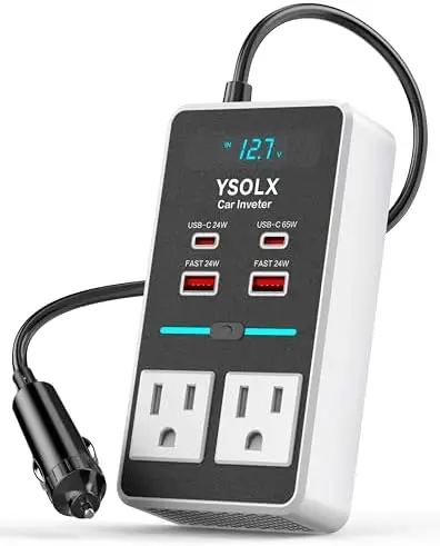 

Автомобильный инвертор YSOLX 300W – 12В в 110В, USB-C 65Вт, два USB-порта, розетка переменного тока, дисплей – идеально подходит для кемпинга и путешествий