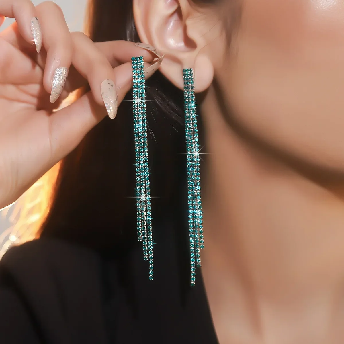 FYUAN Long Tassel Rhinestone Drop Earrings for Women Green Blue Gold Silver Color Crystal Dangle Earring Party Wedding Jewelry