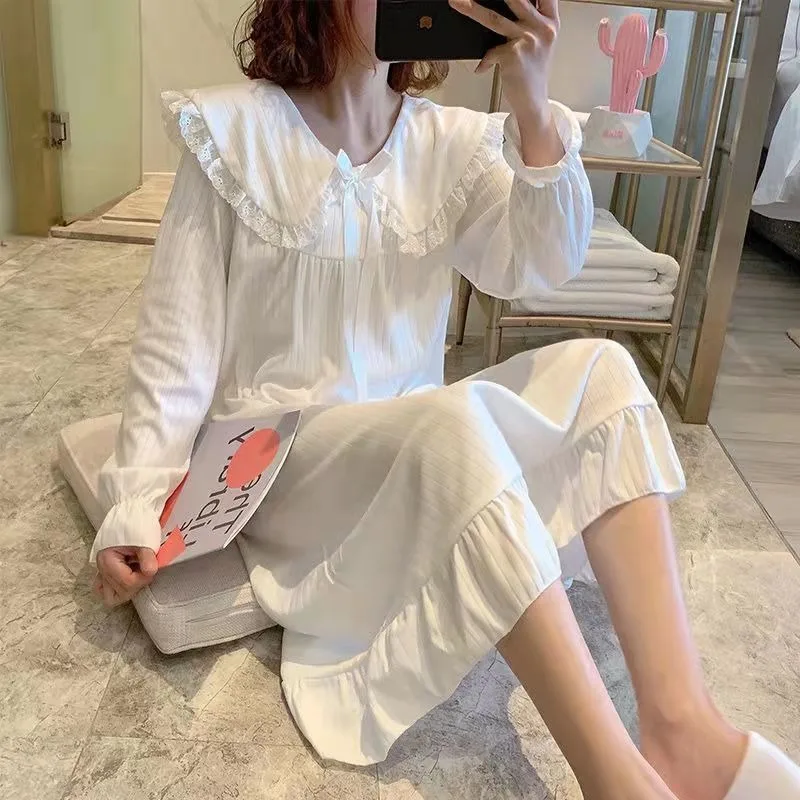 Lace Women Nightgown Korean Sleepwear Peter Pan Collar Nightwear Solid One Piece Pajamas Ruffles Autumn Sleeping Night Dress New