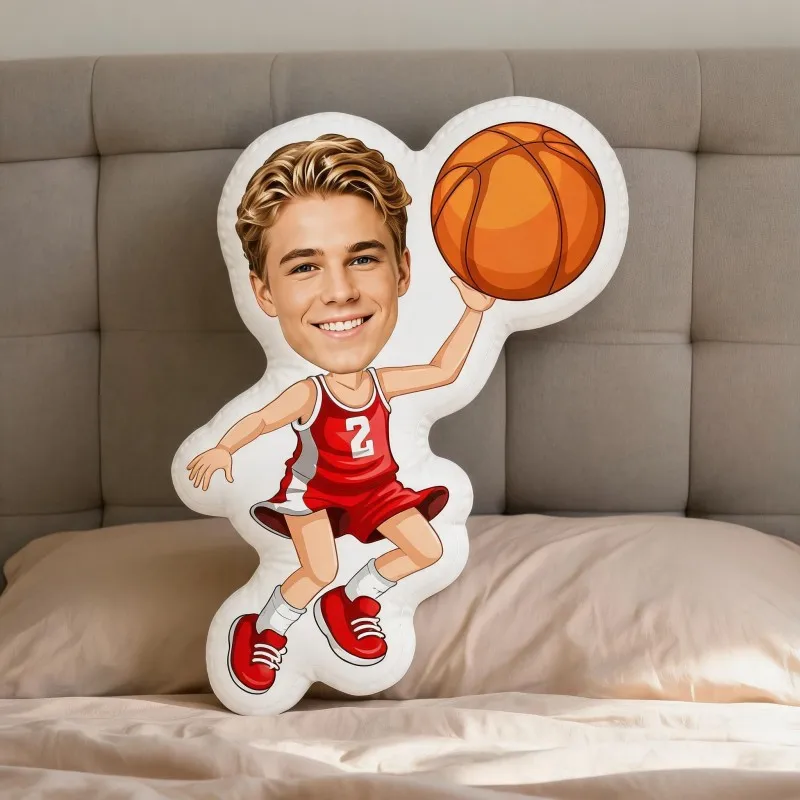 Custom Personalized Photo Basketball Player Shaped Pillow, Red Jersey Sports Theme Decorative Cushion, Unique Home Decor Accent