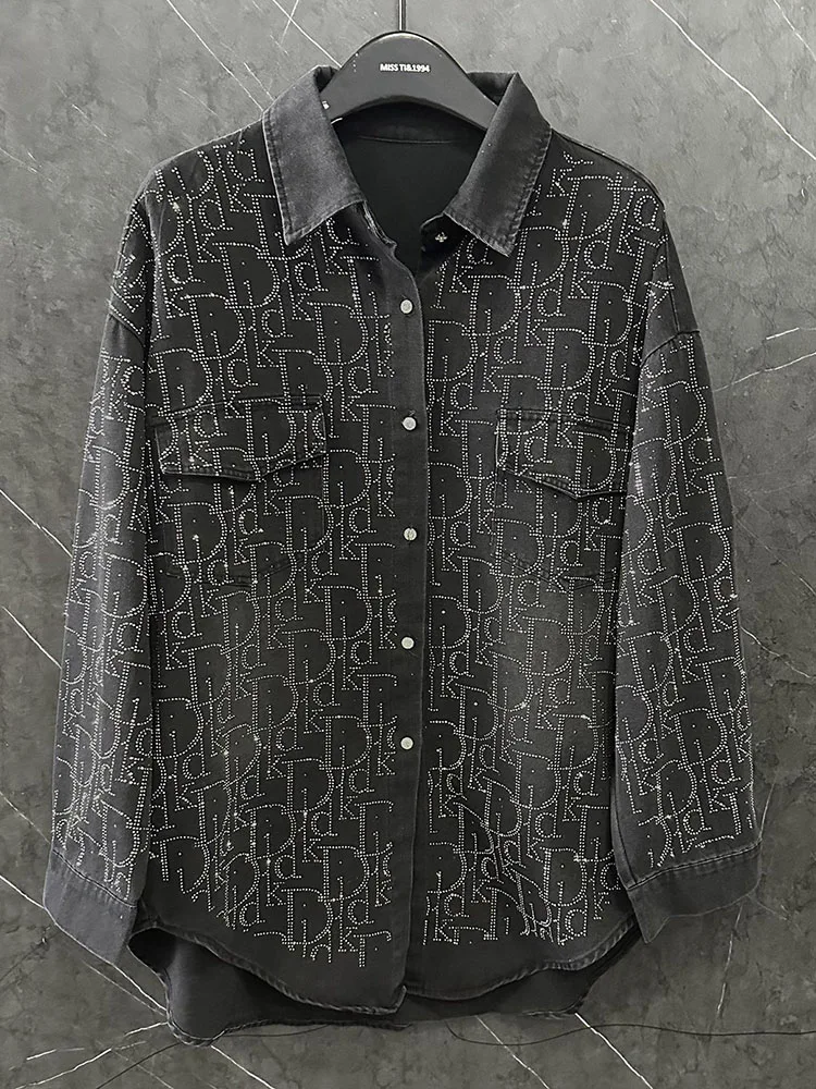 

Hot Drilling Long Sleeve Casual Cardigans Coat Shiny Letters Female Blouses 2025 New Spring Autumn Loose Denim Shirt