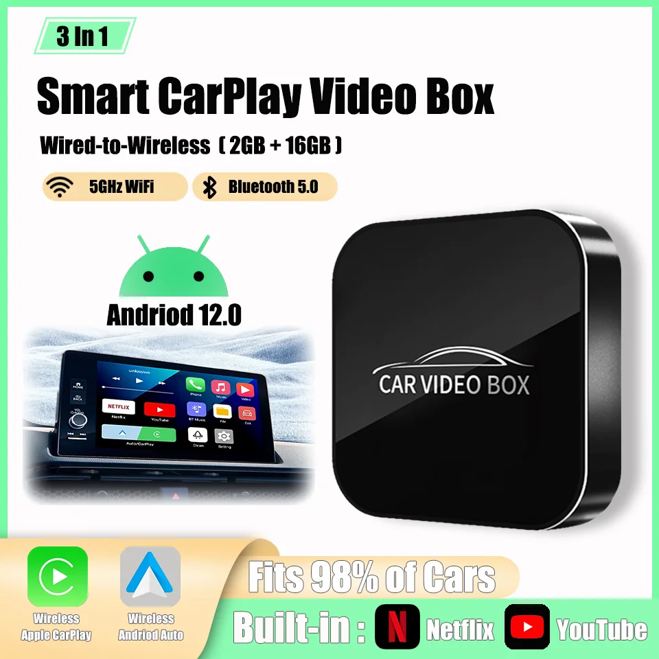 

New CarPlay ai Box Android Auto & Carplay 3in1 Multimedia Adapter Box Andriod 12.0 Built-in System Netflix YouTube Plug & Play