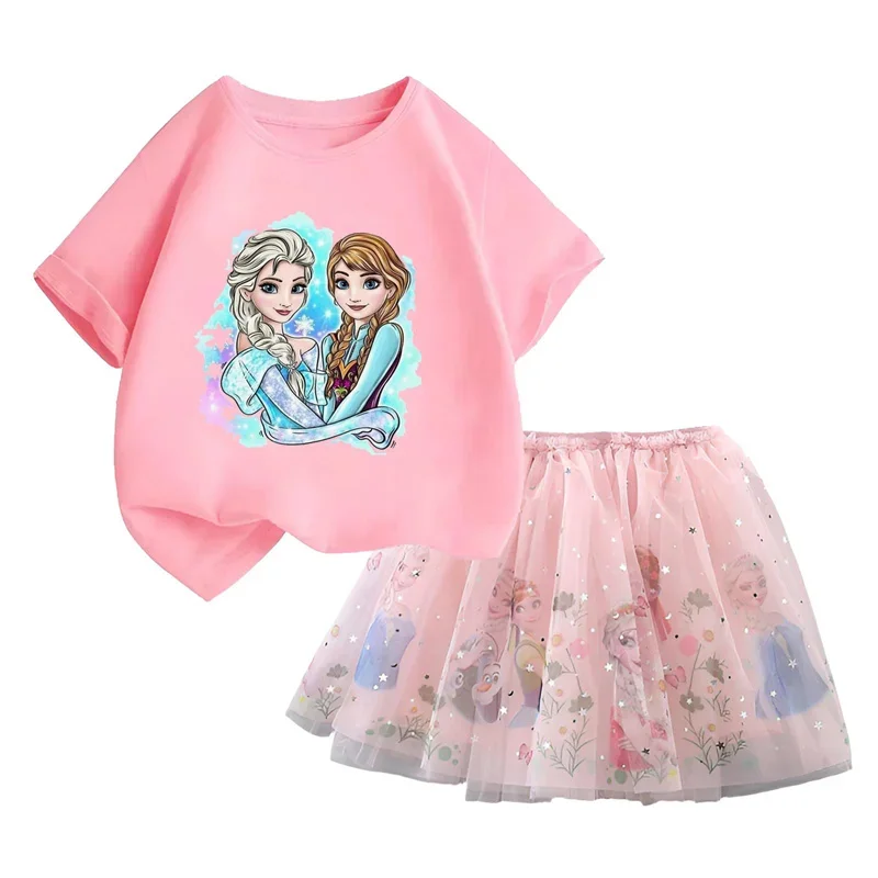 Disney Frozen Elsa Pretty T Shirt and Mesh Skirt Two Piece Tutu Skirt 2024 Summer Fashion Girl 3-14 Year Children Party Clothing