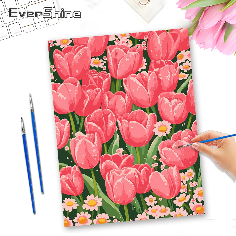 EverShine Digitales Ölgemälde-Blumen-Malset für Erwachsene, Malen nach Zahlen, Tulpenzeichnung auf Leinwand, Gänseblümchen, einzigartiges handgefertigtes Geschenk