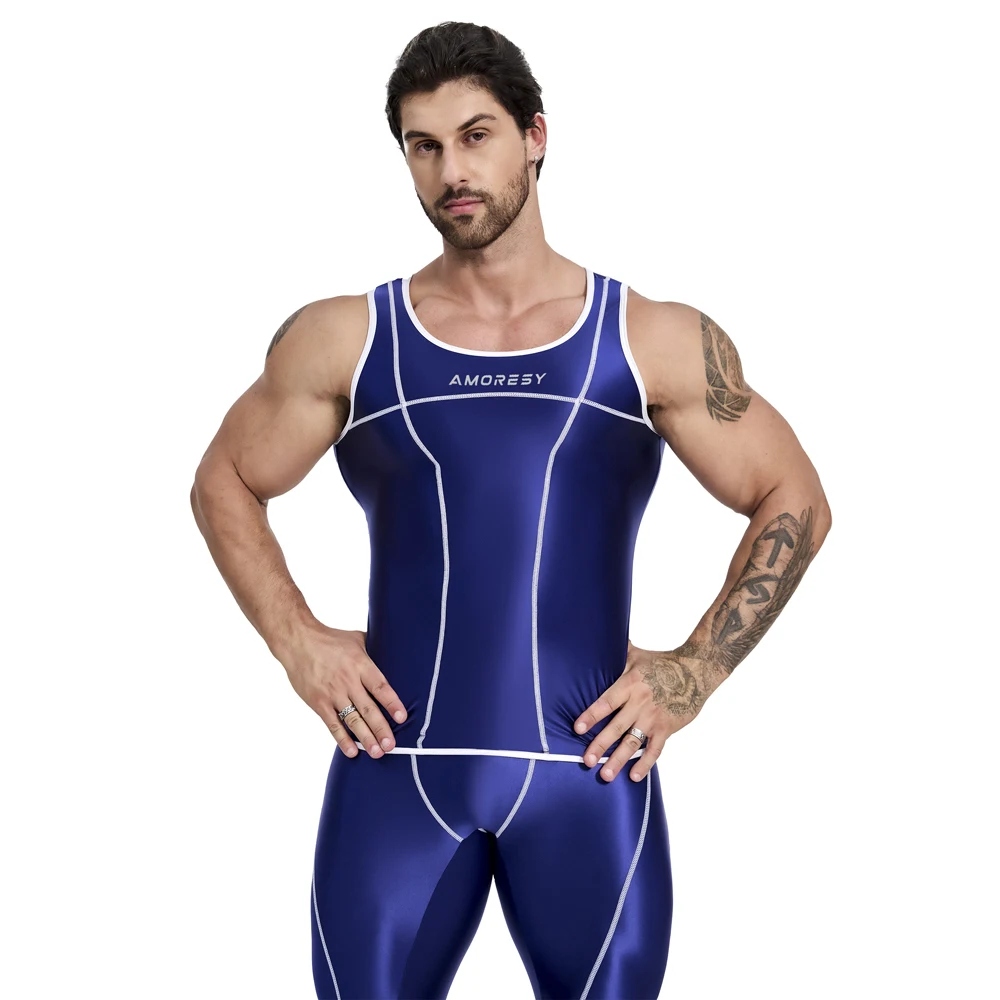 AMORESY Men Stretch Tanks Shiny Glossy Sports Fitness Running Tops Tanks