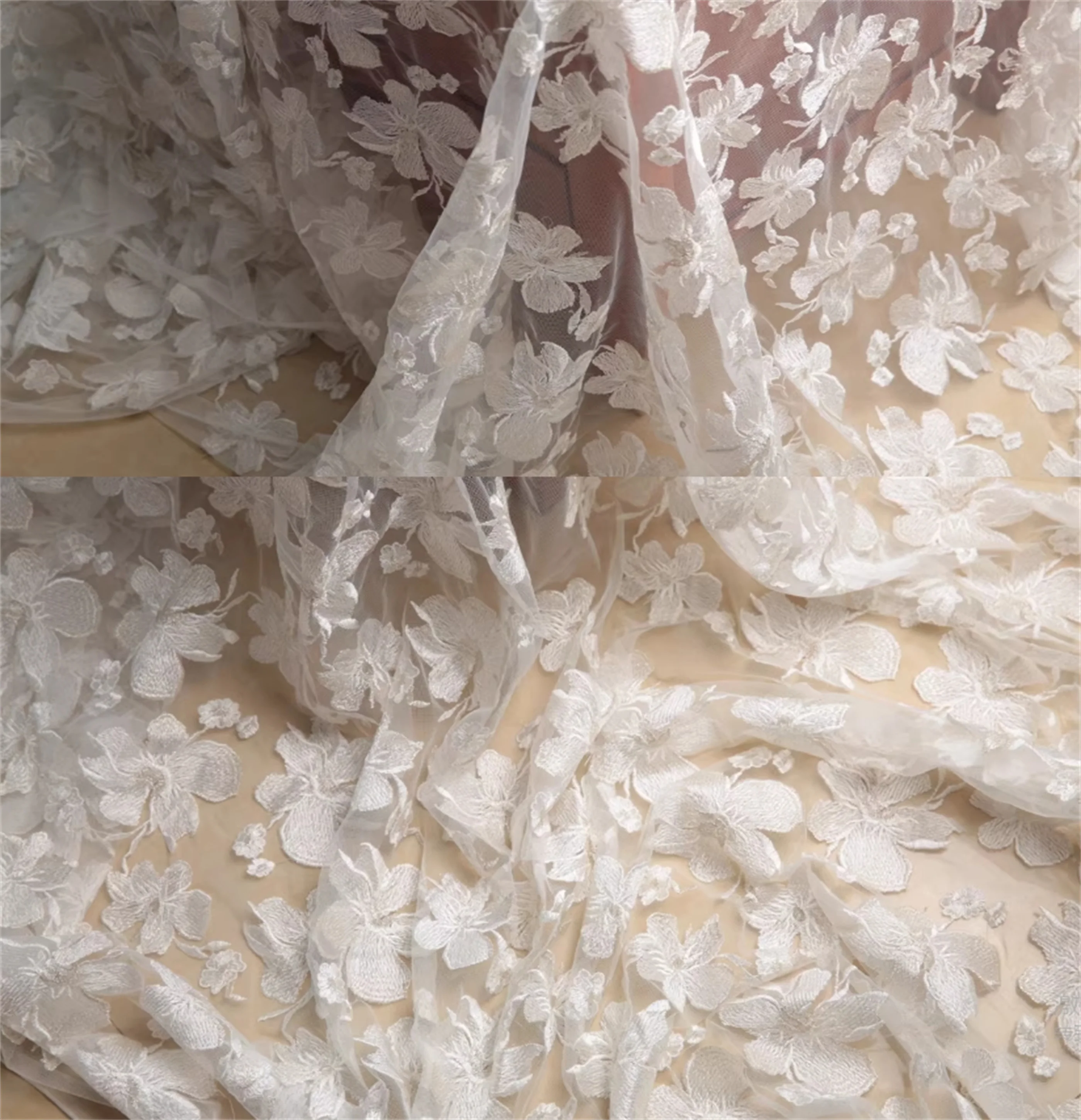 

French white mesh, exquisite embroidered lace, high-end fabric for dresses and cheongsams
