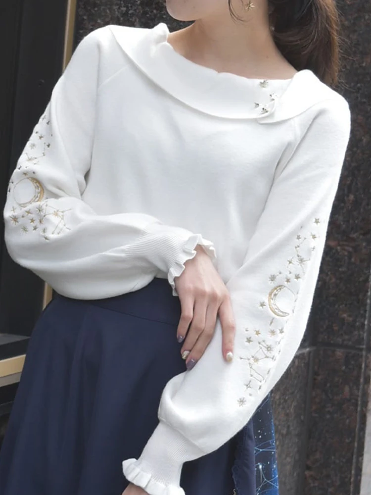 

Ele Crystal Embroidery oulder Bared Knitted Sweater Warmth Dust Star Winter Sle Loose Fit Comfortable Long Sve Wom...