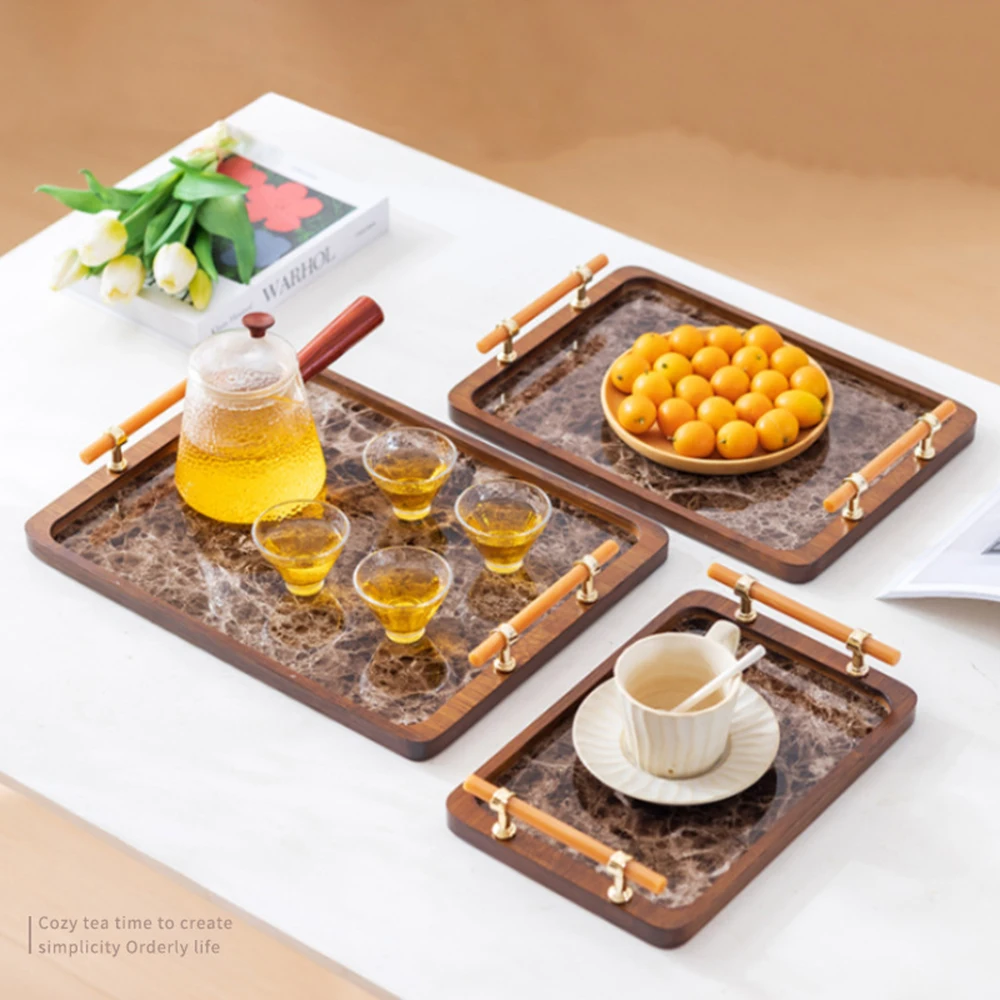Marble-Patterned Storage Tray Handled Rectangular Multi-Purpose Tea Set Accessories Home Wooden Dessert & Coffee Tray