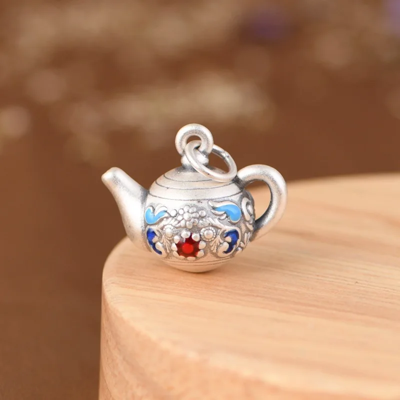 S990 Pure Silver Artistic And Compact Cloisonn é Silver Teapot Shape Pendant