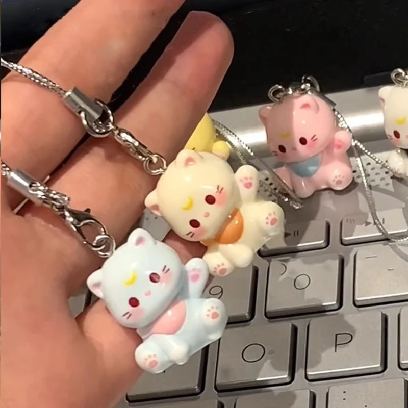 1PC Cartoon 3D Kitten Phone Chain Resin Cat Keychain Student Cute Bag Pendant Anti Lost Phone Lanyard Strap Women Girls Gift