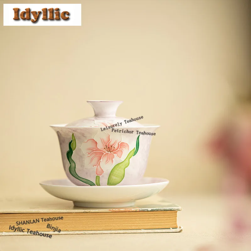 170ml pintado a mano Lily Gaiwan Retro té Tureen tazón de té para el hogar con tapa Kit tetera cubierta tazón juego de té chino Decoración