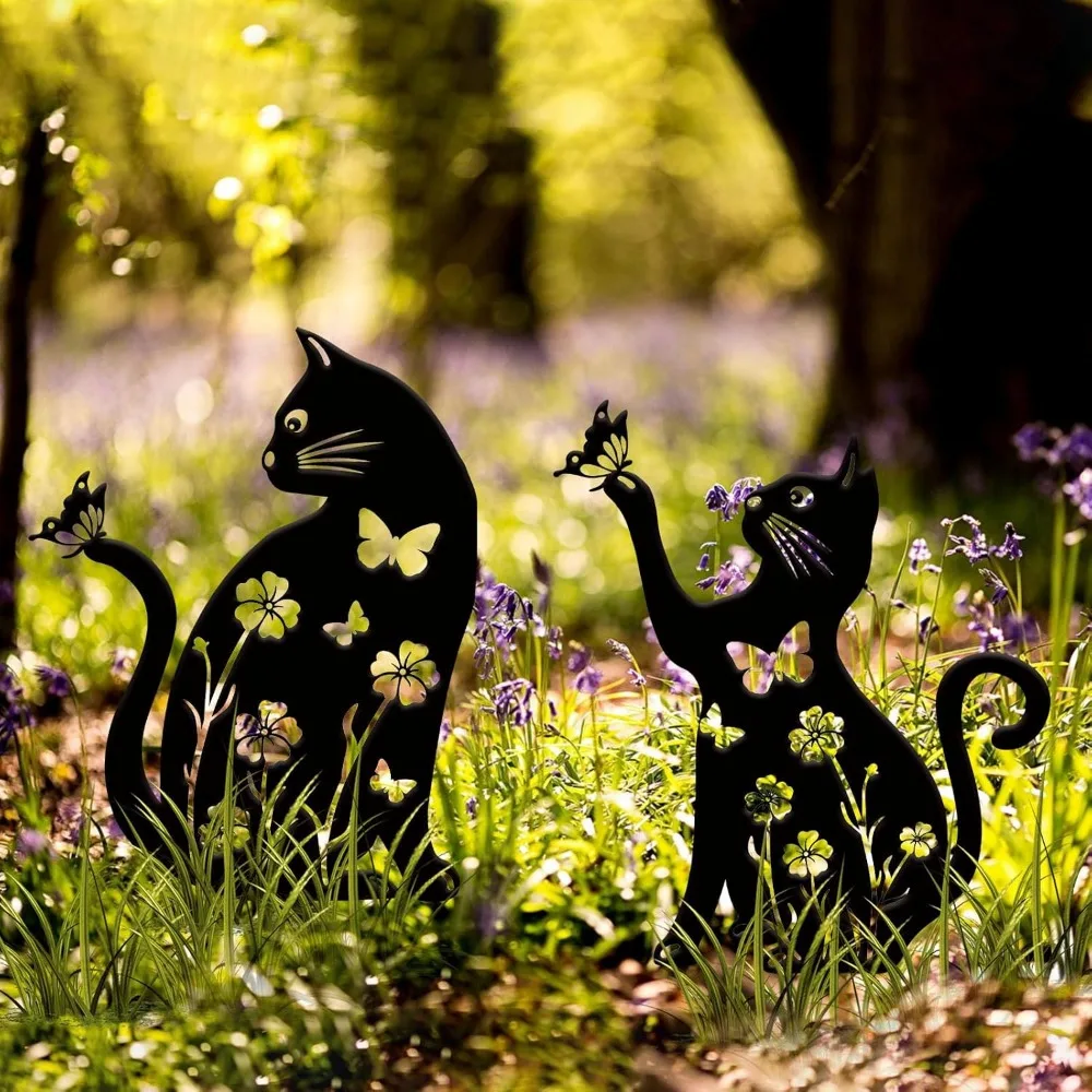 1 estaca metálica para jardín de gatitos (estatua de la fauna, escultura de pared) | Decoración de patio/gramado al aire libre | Regalo de Halloween y Navidad