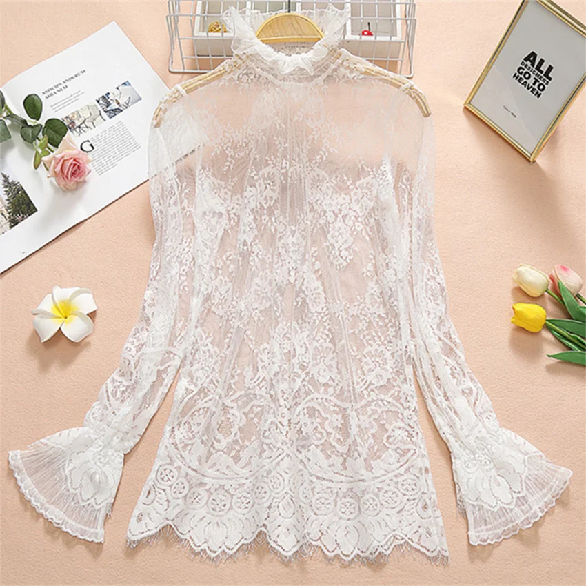 2023 New Women Flare Sleeve Lace Blouse Elegant Summer Lady Mesh Blousas Hollow Out Shirt Bottomings Pullovers Fairy WZ2092