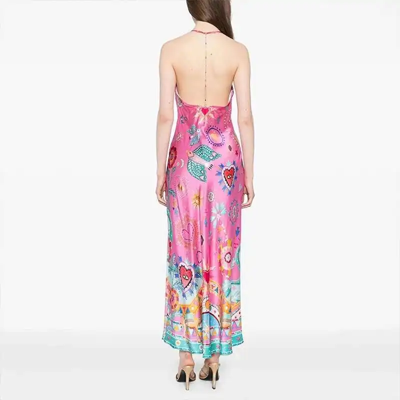 Robe longue en Satin imprimé à bretelles, dos nu, pour femmes, Banquet, Sexy, col en V, sans manches, ajourée, vacances d'été