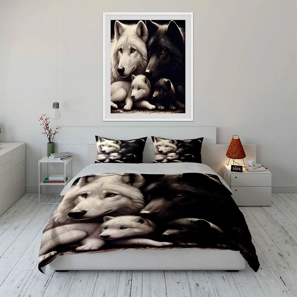 Cozy wolf family Duvet Cover Set with 3D Printing Design Soft Polyester Bedding Set All-Season Comfort Machine Washable