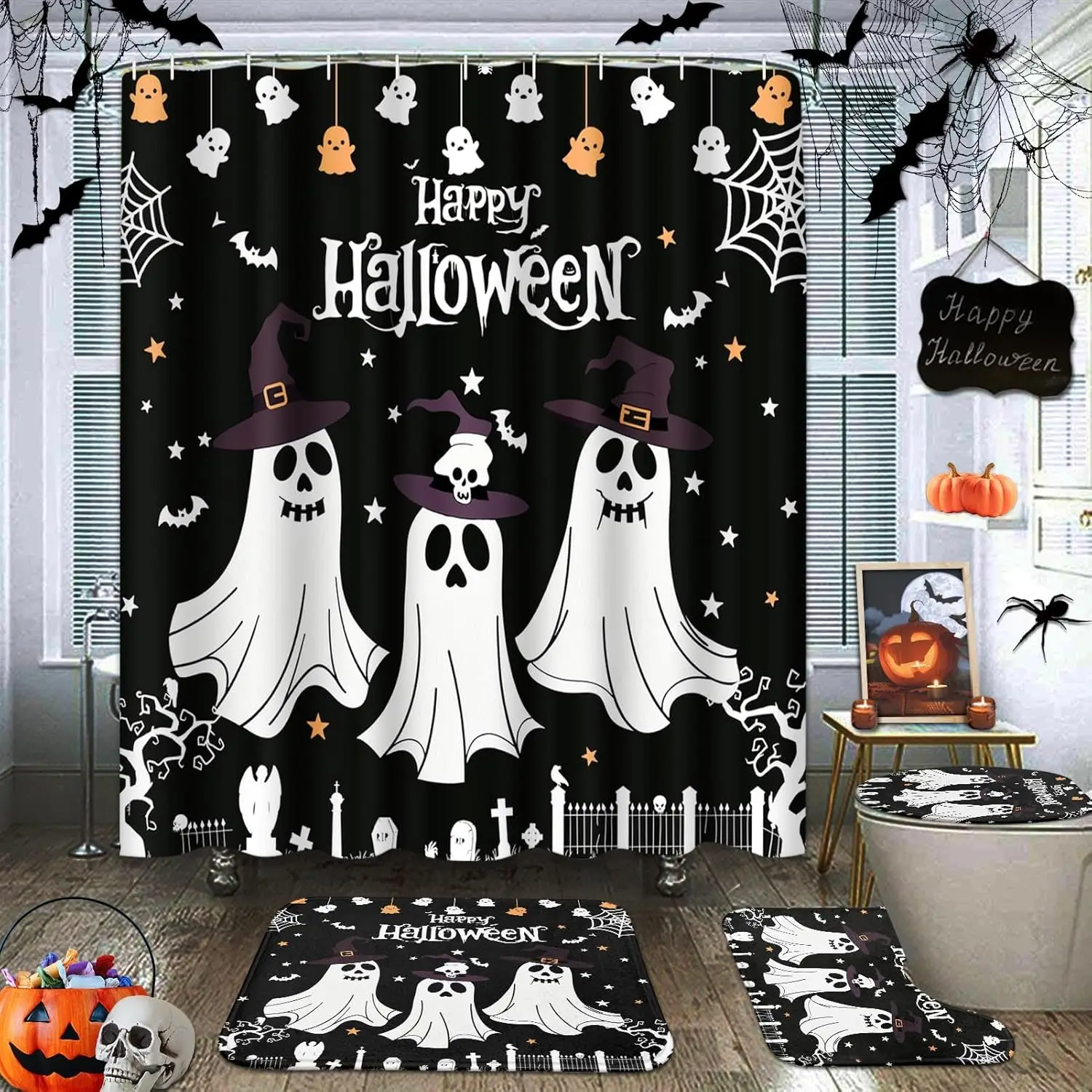 

Набор для ванной комнаты Happy Halloween с занавеской для душа и ковриком и аксессуарами, черная занавеска для душа Ghosts Bat Spider Web