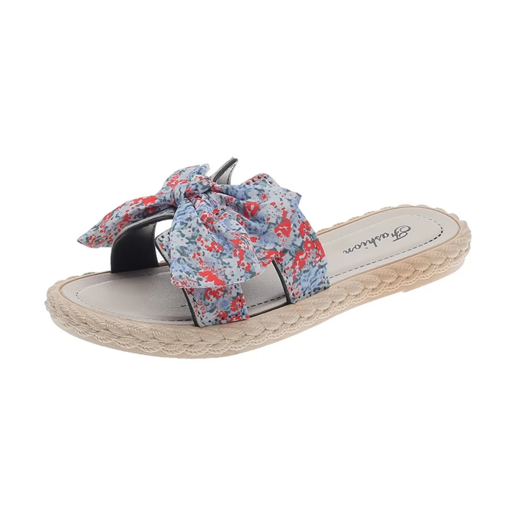 Soft Ethnic Style Floral Slippers Women Open Toe Non-Slip Slides Sandals Beachwear Shoes Bowknot PVC Flat Slippers Bedroom