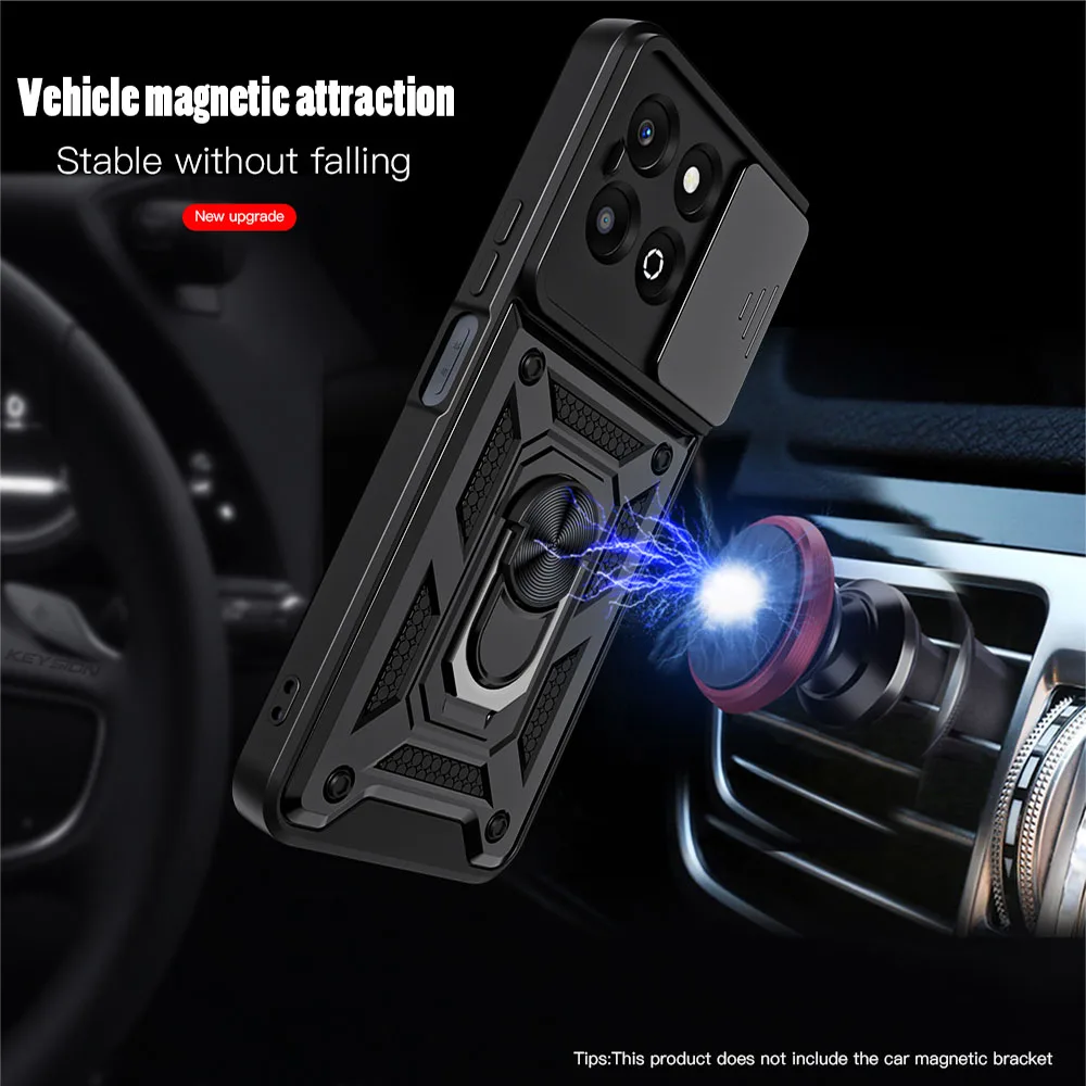 KEYSION Shockproof Armor Case for HONOR X6b Slide Camera Lens Protection Ring Stand Phone Back Cover for Huawei Honor X6b