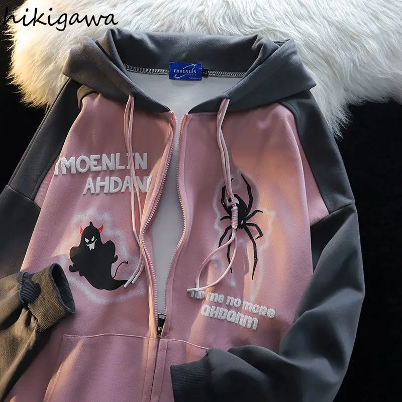 Streetwear Anime Hoodie Women\'s Spider Print Hooded Zipper Y2k Jackets 2024 Ropa Mujer Fashion Casual Thicked Sweatshirt Tops